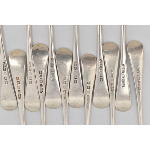 87 - A SET OF TWELVE SILVER FORKS, old English pattern forks each with engraved initials to the terminals... 