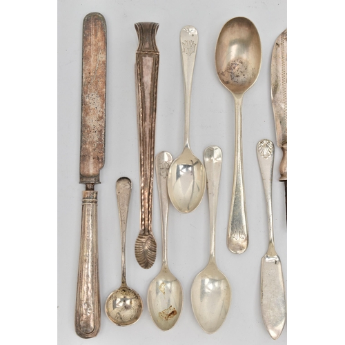 88 - A SMALL BAG OF ASSORTED CUTLERY, to include five Hanoverian coffee spoons, hallmarked 'Viner's Ltd' ... 