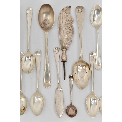 88 - A SMALL BAG OF ASSORTED CUTLERY, to include five Hanoverian coffee spoons, hallmarked 'Viner's Ltd' ... 