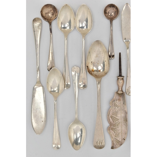 88 - A SMALL BAG OF ASSORTED CUTLERY, to include five Hanoverian coffee spoons, hallmarked 'Viner's Ltd' ... 