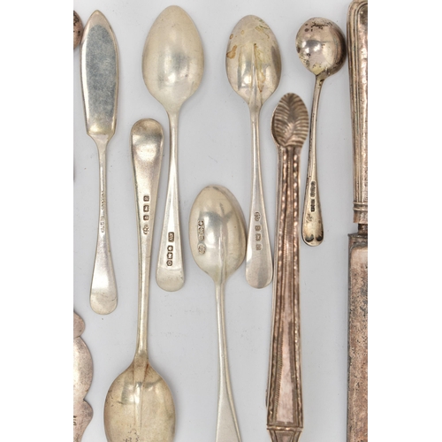 88 - A SMALL BAG OF ASSORTED CUTLERY, to include five Hanoverian coffee spoons, hallmarked 'Viner's Ltd' ... 