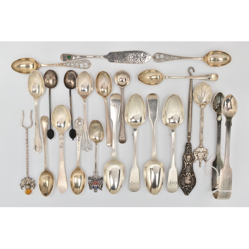 89 - A PARCEL OF 19TH AND 20TH CENTURY SILVER AND WHITE METAL TEASPOONS, COFFEE SPOONS, SUGAR TONGS, ETC,... 