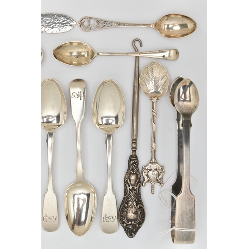 89 - A PARCEL OF 19TH AND 20TH CENTURY SILVER AND WHITE METAL TEASPOONS, COFFEE SPOONS, SUGAR TONGS, ETC,... 