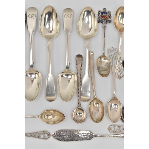 89 - A PARCEL OF 19TH AND 20TH CENTURY SILVER AND WHITE METAL TEASPOONS, COFFEE SPOONS, SUGAR TONGS, ETC,... 