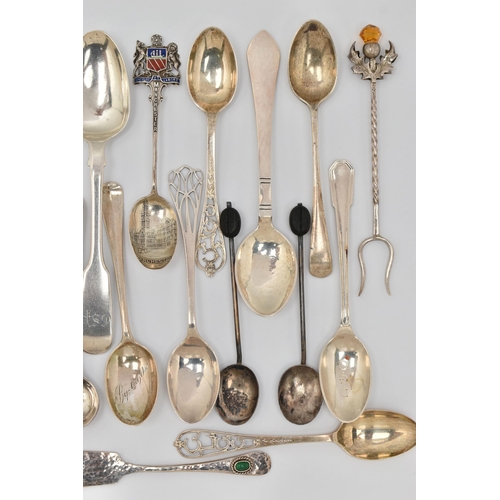 89 - A PARCEL OF 19TH AND 20TH CENTURY SILVER AND WHITE METAL TEASPOONS, COFFEE SPOONS, SUGAR TONGS, ETC,... 