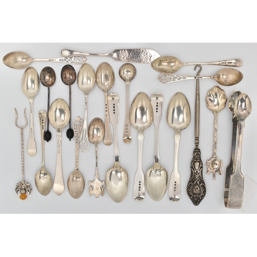 89 - A PARCEL OF 19TH AND 20TH CENTURY SILVER AND WHITE METAL TEASPOONS, COFFEE SPOONS, SUGAR TONGS, ETC,... 