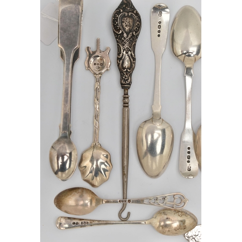 89 - A PARCEL OF 19TH AND 20TH CENTURY SILVER AND WHITE METAL TEASPOONS, COFFEE SPOONS, SUGAR TONGS, ETC,... 