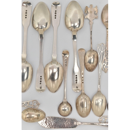 89 - A PARCEL OF 19TH AND 20TH CENTURY SILVER AND WHITE METAL TEASPOONS, COFFEE SPOONS, SUGAR TONGS, ETC,... 