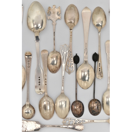 89 - A PARCEL OF 19TH AND 20TH CENTURY SILVER AND WHITE METAL TEASPOONS, COFFEE SPOONS, SUGAR TONGS, ETC,... 