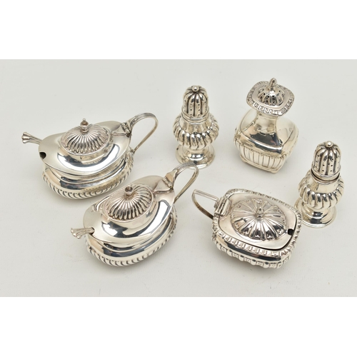 90 - A GROUP OF LATE 19TH AND 2OTH CENTURY SILVER CRUET ITEMS, comprising a pair of lobed baluster pepper... 