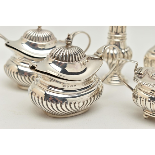 90 - A GROUP OF LATE 19TH AND 2OTH CENTURY SILVER CRUET ITEMS, comprising a pair of lobed baluster pepper... 