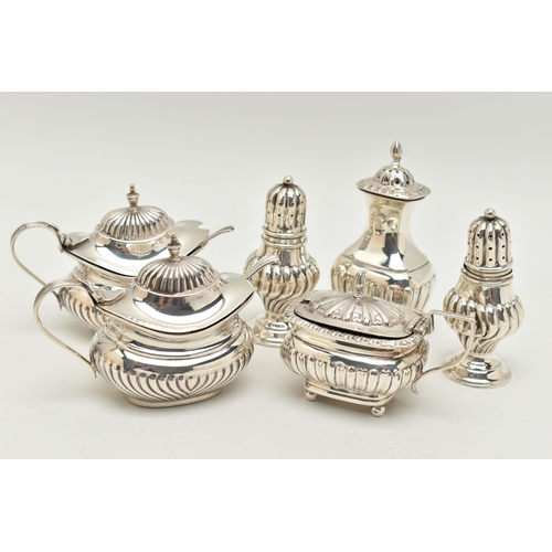 90 - A GROUP OF LATE 19TH AND 2OTH CENTURY SILVER CRUET ITEMS, comprising a pair of lobed baluster pepper... 