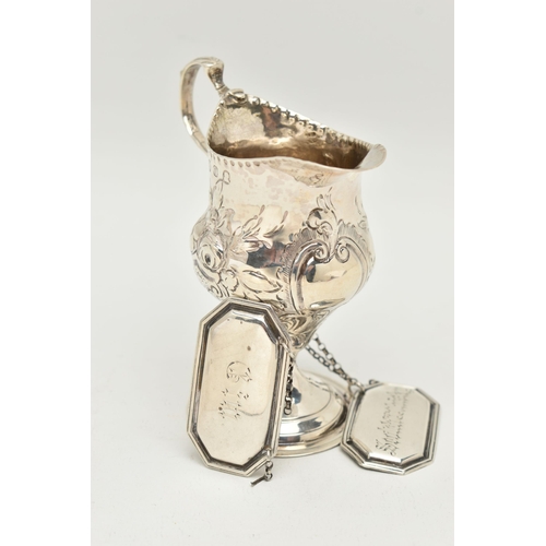 93 - A GEORGE III SILVER BALUSTER CREAM JUG AND A PAIR OF EDWARDIAN SILVER DECANTER LABELS, the cream jug... 