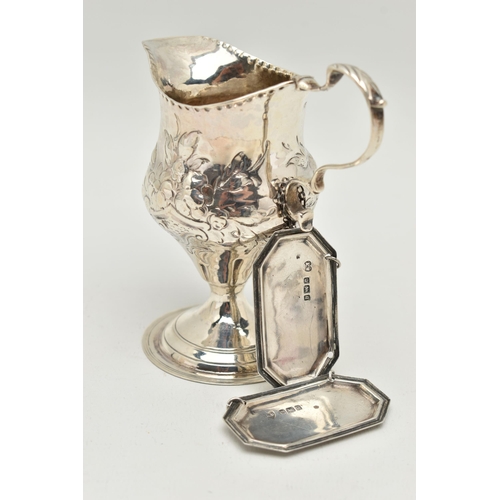 93 - A GEORGE III SILVER BALUSTER CREAM JUG AND A PAIR OF EDWARDIAN SILVER DECANTER LABELS, the cream jug... 