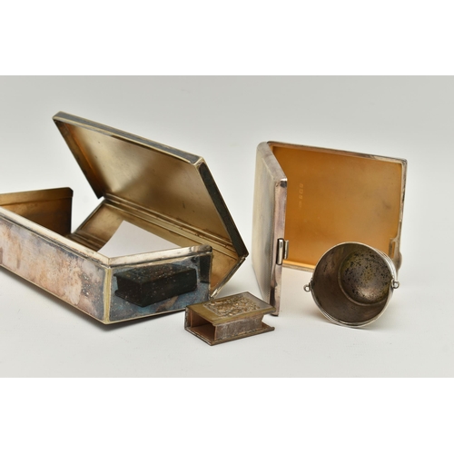 95 - A GEORGE V SILVER ENGINE TURNED CIGARETTE CASE OF RECTANGULAR FORM AND THREE ITEMS OF SILVER PLATE, ... 