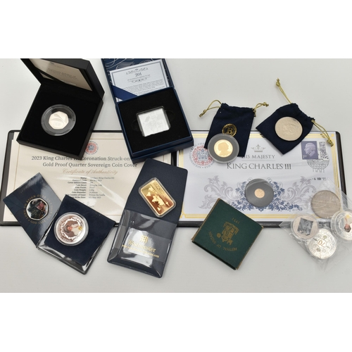 140 - A CARDBOARD BOX CONTAINING COINS AND COMMEMORATIVES, to include a 9ct gold Gibraltar Two Crowns Eliz... 