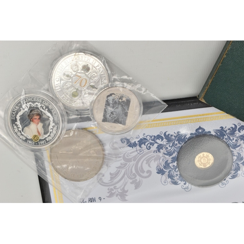 140 - A CARDBOARD BOX CONTAINING COINS AND COMMEMORATIVES, to include a 9ct gold Gibraltar Two Crowns Eliz... 