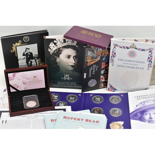 144 - A QUANTITY OF COINS BY ROYAL MINT ETC, to include a Silver Proof £5 Diana 1999 in box coa, History o... 