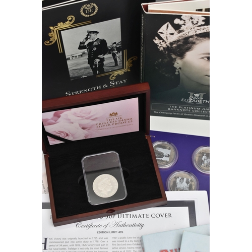 144 - A QUANTITY OF COINS BY ROYAL MINT ETC, to include a Silver Proof £5 Diana 1999 in box coa, History o... 