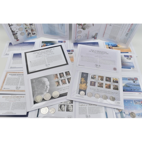 144 - A QUANTITY OF COINS BY ROYAL MINT ETC, to include a Silver Proof £5 Diana 1999 in box coa, History o... 