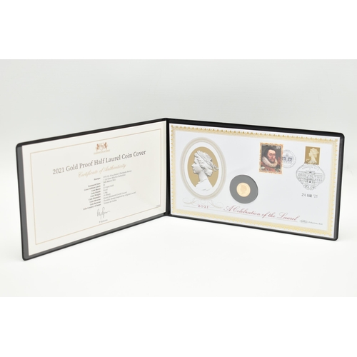 147 - A HARRINGTON & BYRNE 2021 GOLD PROOF HALF LAUREL COIN COVER, to include a 1970 35c King James I Barb... 