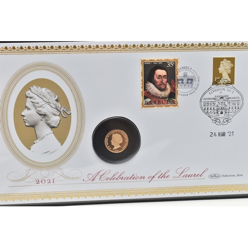 147 - A HARRINGTON & BYRNE 2021 GOLD PROOF HALF LAUREL COIN COVER, to include a 1970 35c King James I Barb... 