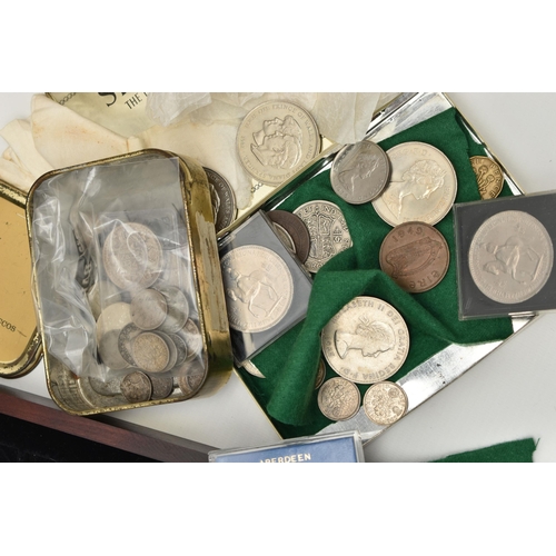 150 - A CARDBOARD BOX CONTAINING SILVER PROOF AND OTHER COINS, to include a boxed selection of Silver Proo... 