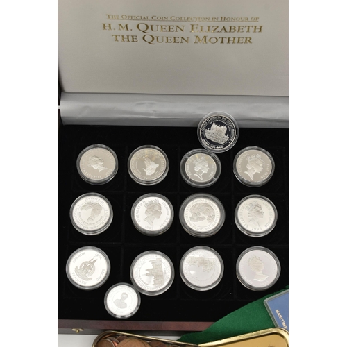 150 - A CARDBOARD BOX CONTAINING SILVER PROOF AND OTHER COINS, to include a boxed selection of Silver Proo... 