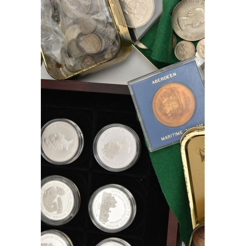 150 - A CARDBOARD BOX CONTAINING SILVER PROOF AND OTHER COINS, to include a boxed selection of Silver Proo... 