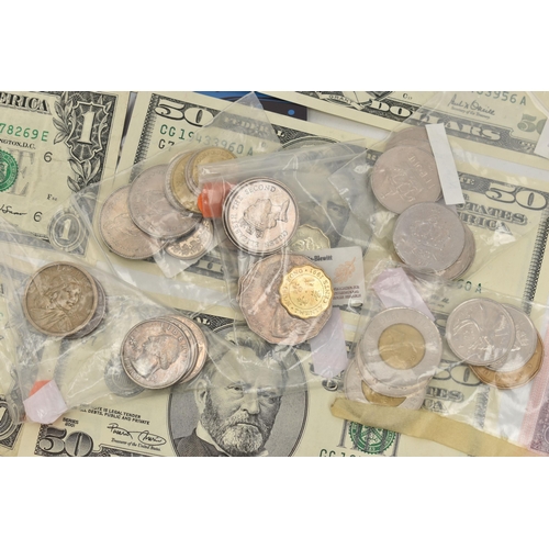 153 - A CARDBOARD BOX  CONTAINING BANKNOTES AND COINS to include mixed coins with over $200 USA Dollar bil... 