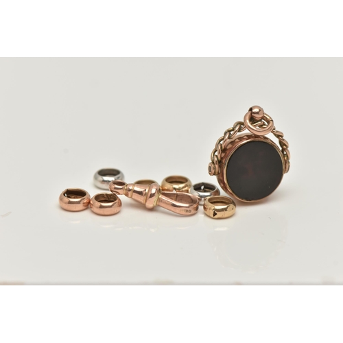 155 - AN EDWARDIAN SWIVEL FOB, LINKS AND CLASP, the circular swivel fob set with bloodstone and a further ... 