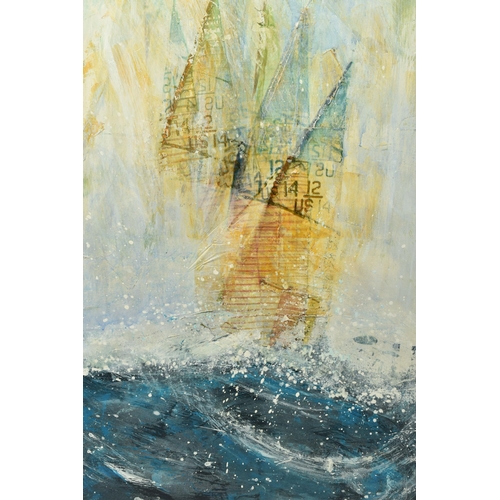 314 - GILL STORR (BRITISH CONTEMPORARY) 'BREAKER', a racing yacht under sail in stormy seas, signed bottom... 