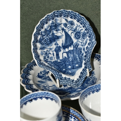 384 - A GROUP OF LATE EIGHTEENTH CENTURY CAUGHLEY PORCELAIN, in the 'Fisherman and Cormorant' pattern, com... 