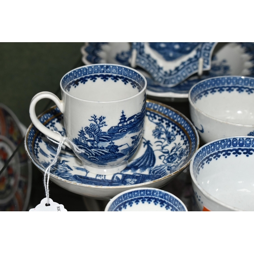 384 - A GROUP OF LATE EIGHTEENTH CENTURY CAUGHLEY PORCELAIN, in the 'Fisherman and Cormorant' pattern, com... 