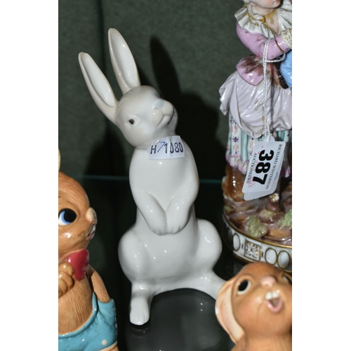 387 - A GROUP OF CERAMIC FIGURES, PENDELFIN RABBITS AND GLASSWARE, comprising a porcelain figure group, de... 