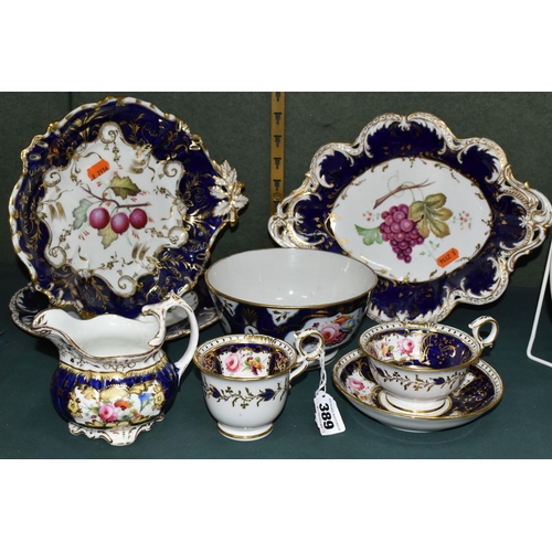 389 - A GROUP OF VICTORIAN  PORCELAIN, all hand painted with fruits or flowers and with deep blue and gilt... 