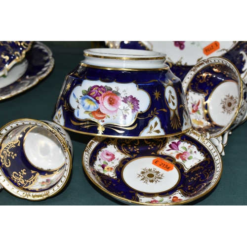 389 - A GROUP OF VICTORIAN  PORCELAIN, all hand painted with fruits or flowers and with deep blue and gilt... 