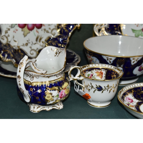 389 - A GROUP OF VICTORIAN  PORCELAIN, all hand painted with fruits or flowers and with deep blue and gilt... 