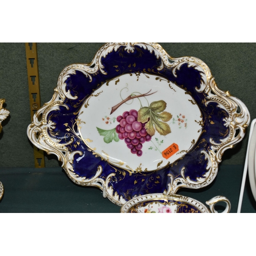 389 - A GROUP OF VICTORIAN  PORCELAIN, all hand painted with fruits or flowers and with deep blue and gilt... 