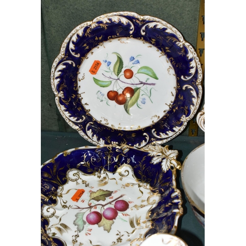 389 - A GROUP OF VICTORIAN  PORCELAIN, all hand painted with fruits or flowers and with deep blue and gilt... 