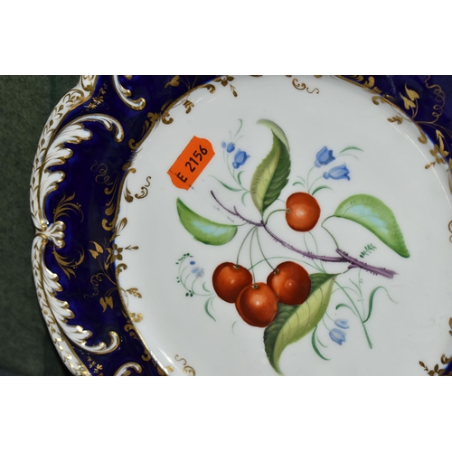 389 - A GROUP OF VICTORIAN  PORCELAIN, all hand painted with fruits or flowers and with deep blue and gilt... 