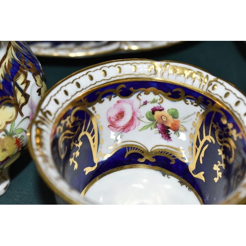 389 - A GROUP OF VICTORIAN  PORCELAIN, all hand painted with fruits or flowers and with deep blue and gilt... 