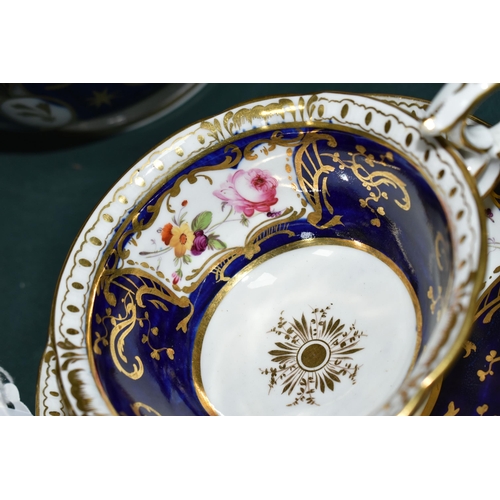 389 - A GROUP OF VICTORIAN  PORCELAIN, all hand painted with fruits or flowers and with deep blue and gilt... 