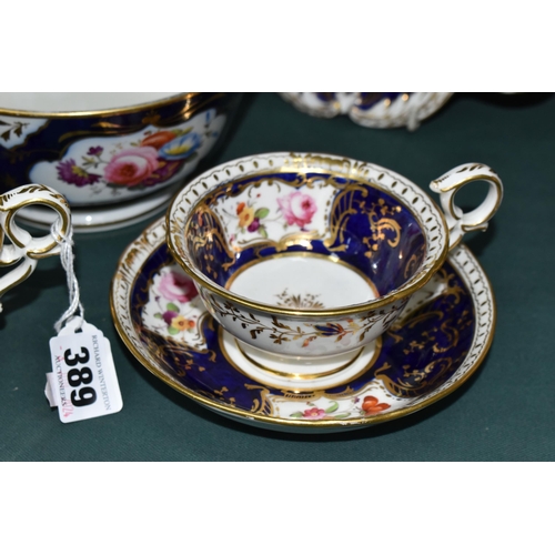 389 - A GROUP OF VICTORIAN  PORCELAIN, all hand painted with fruits or flowers and with deep blue and gilt... 