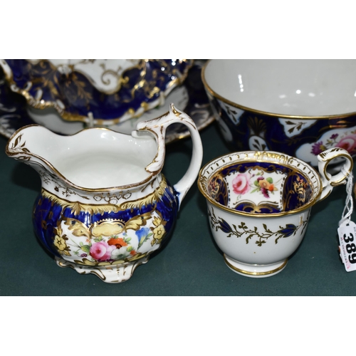 389 - A GROUP OF VICTORIAN  PORCELAIN, all hand painted with fruits or flowers and with deep blue and gilt... 