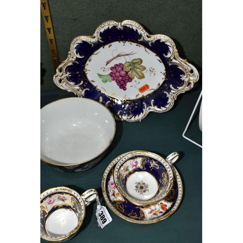 389 - A GROUP OF VICTORIAN  PORCELAIN, all hand painted with fruits or flowers and with deep blue and gilt... 