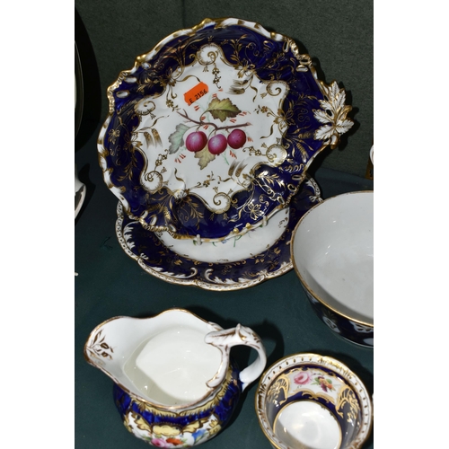 389 - A GROUP OF VICTORIAN  PORCELAIN, all hand painted with fruits or flowers and with deep blue and gilt... 