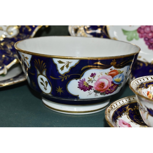 389 - A GROUP OF VICTORIAN  PORCELAIN, all hand painted with fruits or flowers and with deep blue and gilt... 