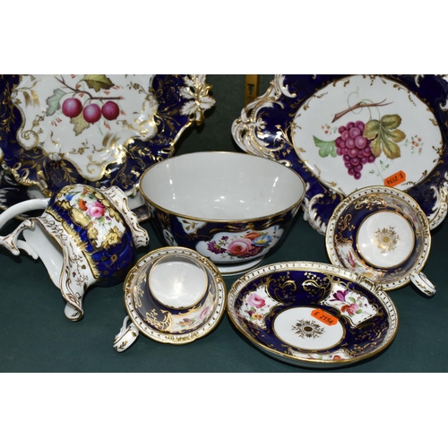 389 - A GROUP OF VICTORIAN  PORCELAIN, all hand painted with fruits or flowers and with deep blue and gilt... 