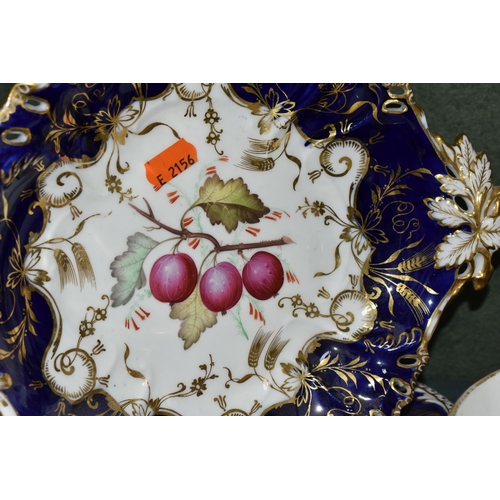 389 - A GROUP OF VICTORIAN  PORCELAIN, all hand painted with fruits or flowers and with deep blue and gilt... 